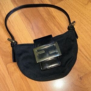 Authentic Fendi Mamma Baguette Shoulder Bag Black Mini Croissant